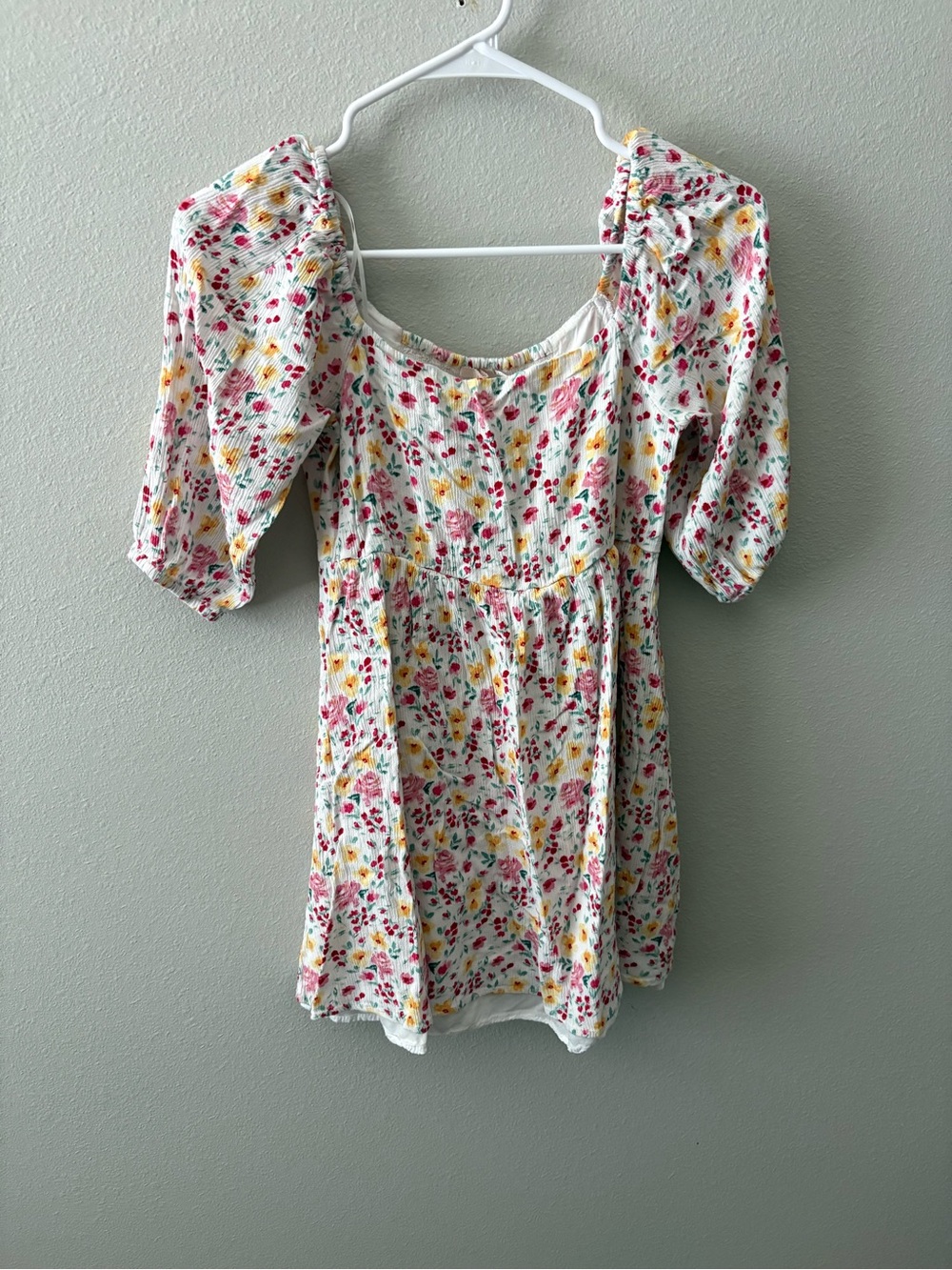 Mi Amore Cream Floral Puff Sleeve Dress - Pink, Yellow, Green